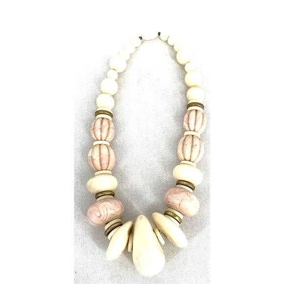 Chunky Bead Necklace 80s Pink Cream 18" Vintage Statement Vintage - Picture 1 of 6